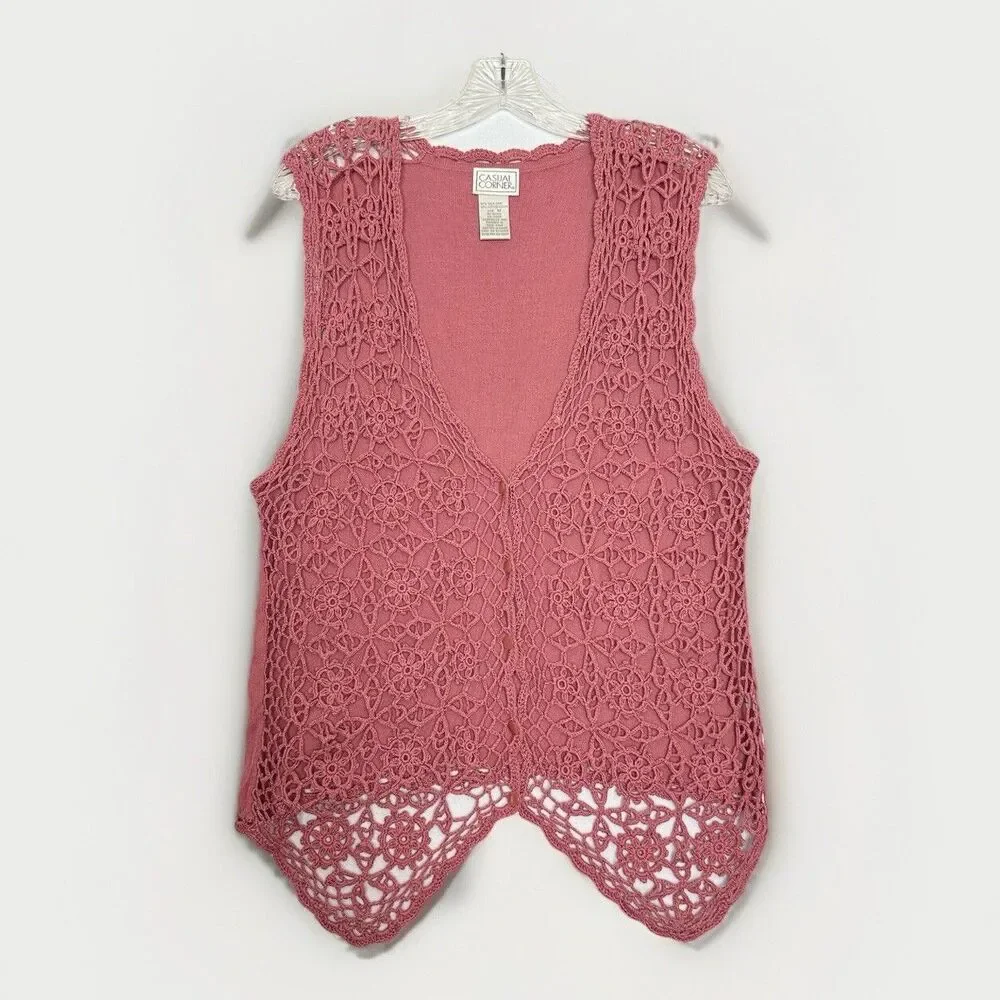 Vintage Casual Corner 90s Y2K Silk Cotton Pink Crochet Vest Sz M CottageCore